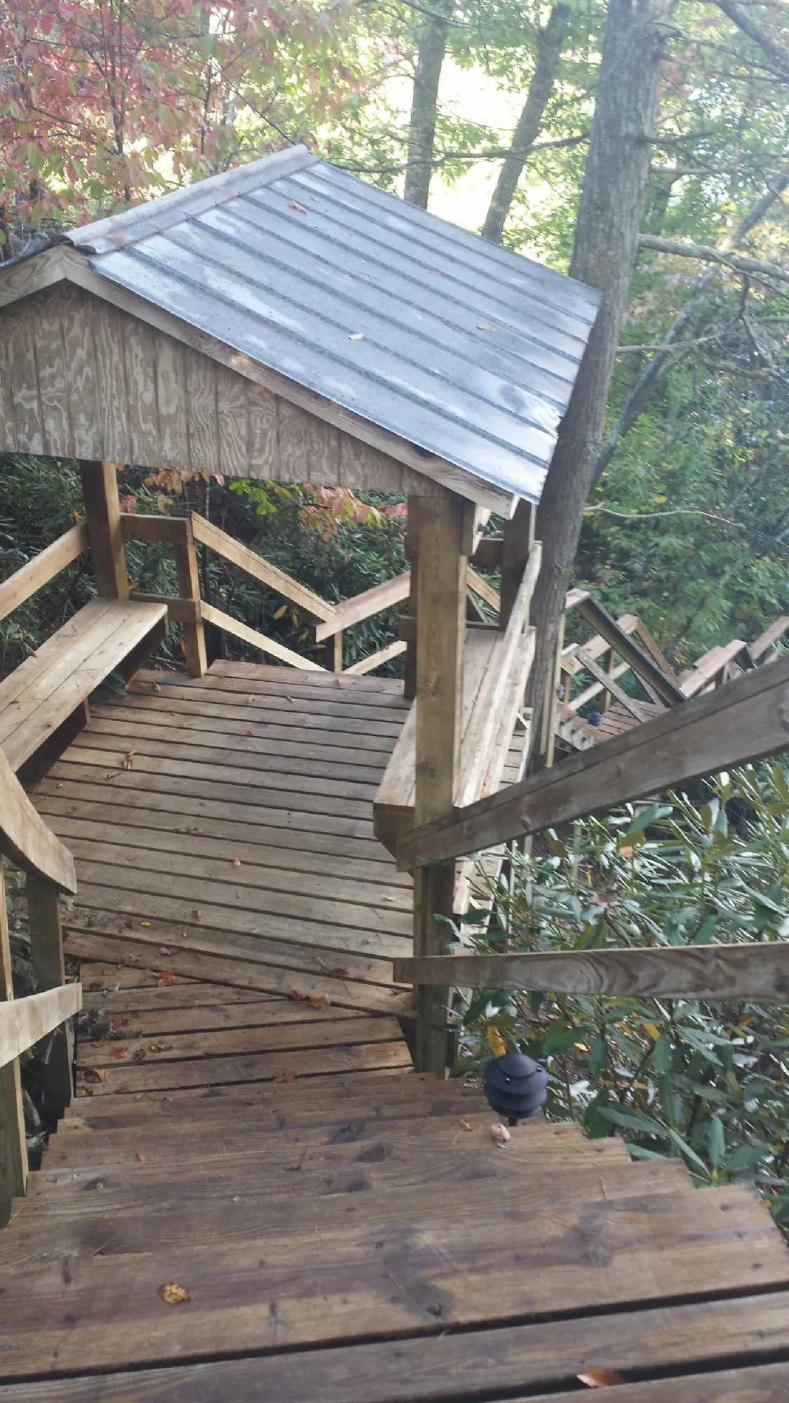 Metal roofed shelter over wooden steps on a wooded walkway — Skylight Repair & Installation work by our crew in Jersey Mills